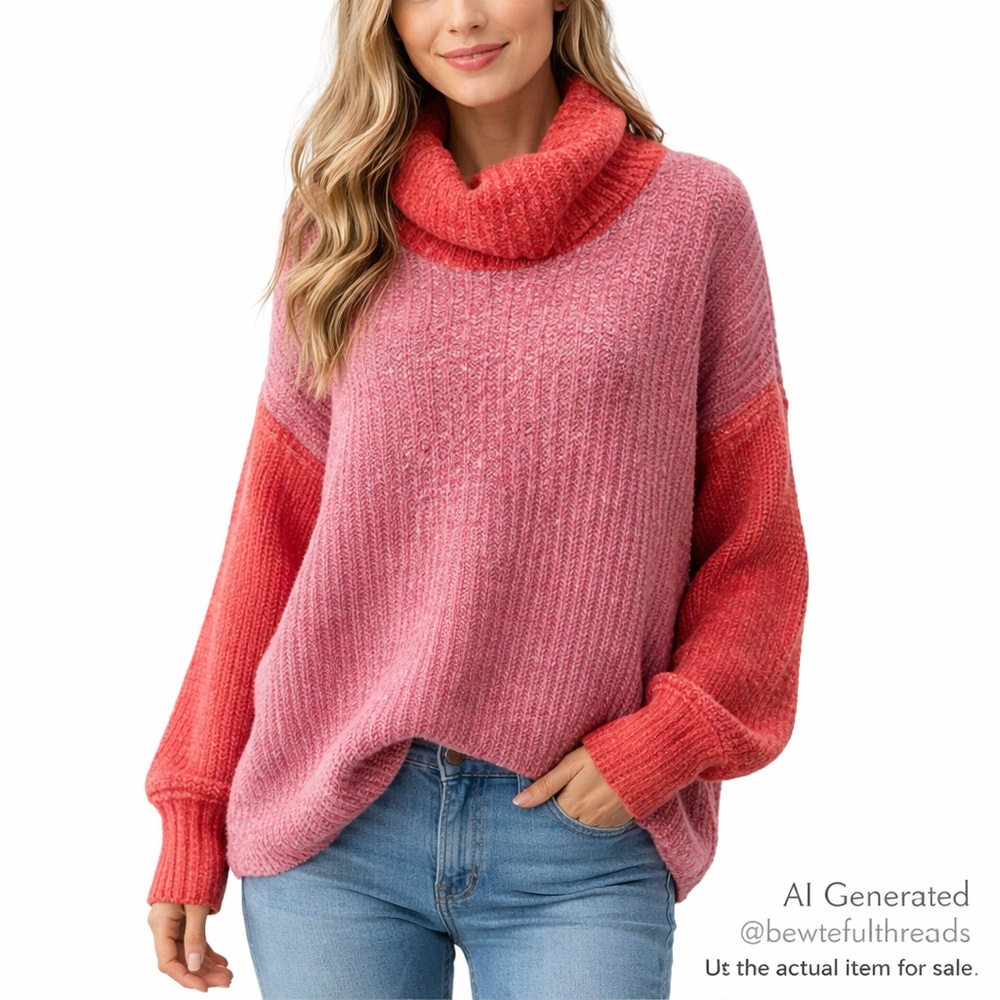KAISLEY L heathered purple/rust wool blend cowl neck puffy long sleeve sweater